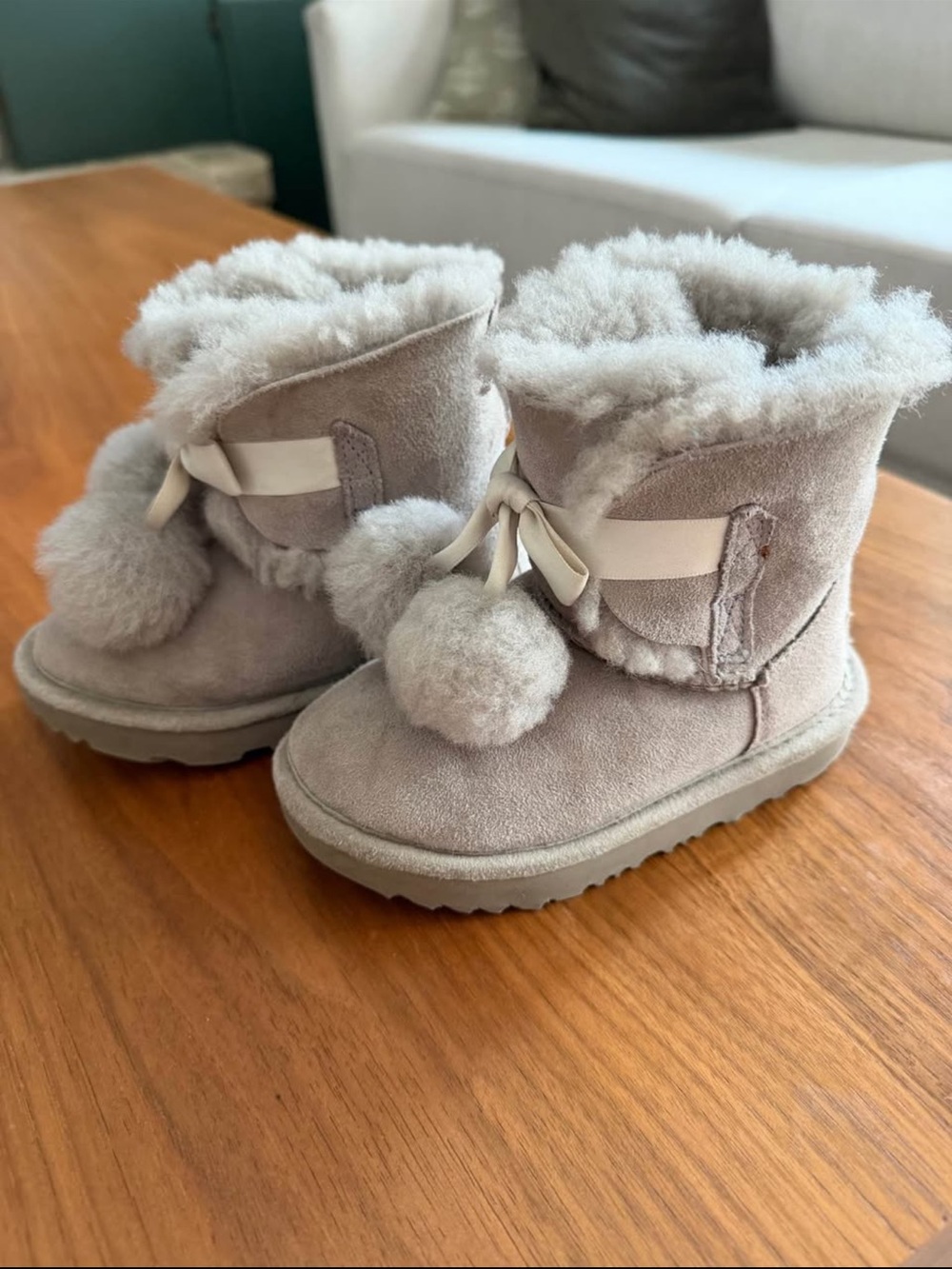 UGG Kids Pom-Pom Shearling Boots in Light Beige
